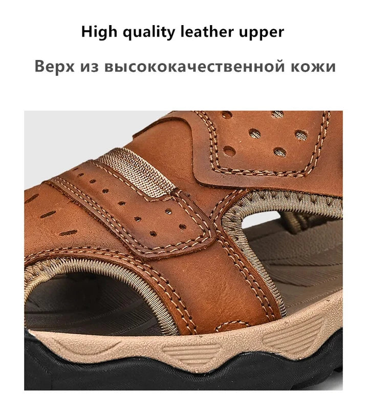 Summer Men Genuine Leather Sandals Non-slip Beach Slippers Handmade Sneakers