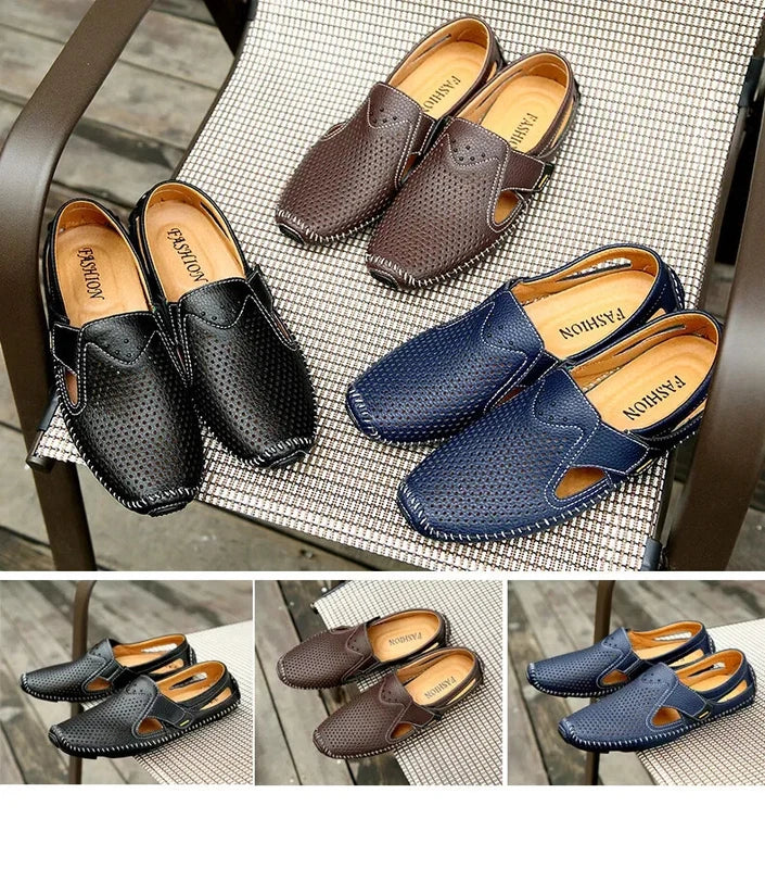 Men's Sandals Summer Leather Breathable Beach Slippers Flat Soft-Soled Shoes