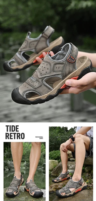 Summer Men Genuine Leather Sandals Non-slip Beach Slippers Handmade Sneakers