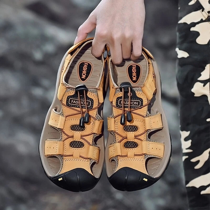 Men's Leather Sandals Closed Toe Beach Nonslip Summer Outdoor Sport Hiking Shoes