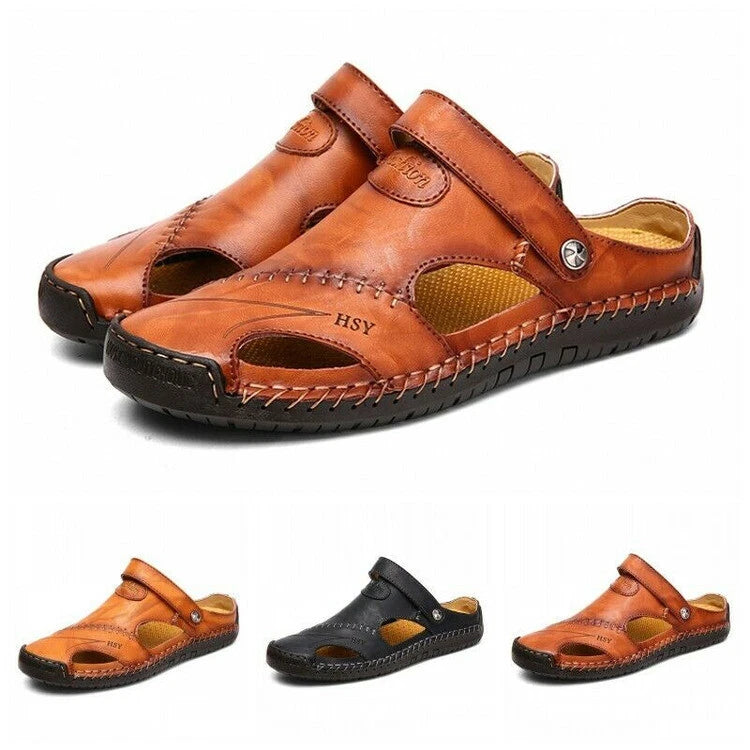 Men's Sport Close Toe Sandals Summer Leather Shoes Beach Fisherman Flat Slippers