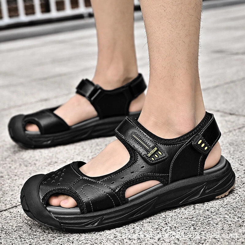 Mens Closed Toe Sandals Summer Leather Shoes Beach Fisherman Flat Slippers New