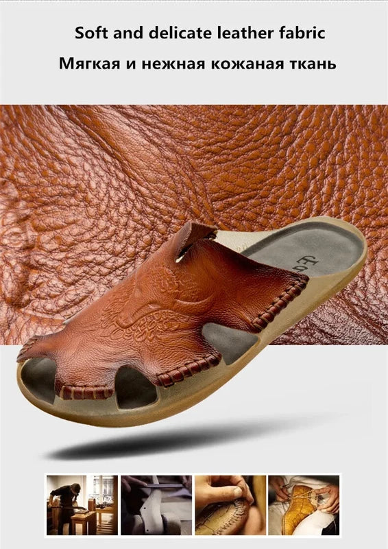 Men Leather Non-Slip Slippers Comfort Beach Sandals Summer Classics Flip Flops