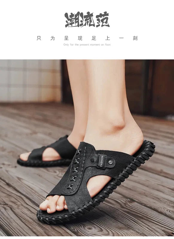 Slippers Sandal Open Toe Casual Beach Holiday Faux Leather Mens Flat Shoes 47 48
