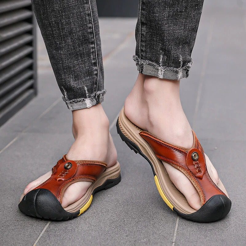 Men's Sandals Summer Beach Shoes Outdoor Leather Slippers Casual Flip Flops Size
