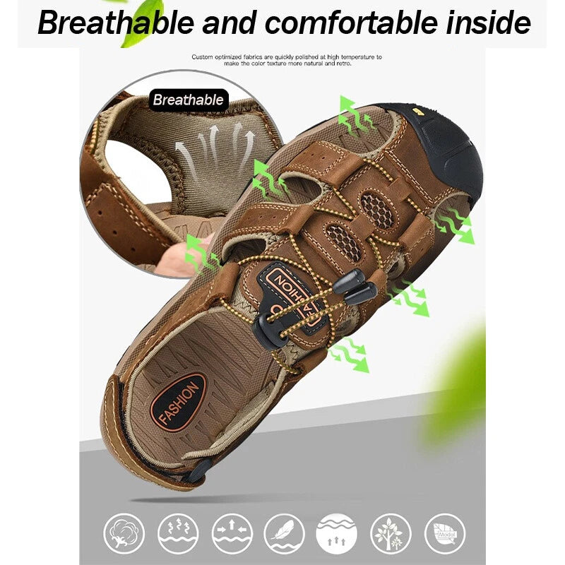 Men's Leather Sandals Closed Toe Beach Nonslip Summer Outdoor Sport Hiking Shoes