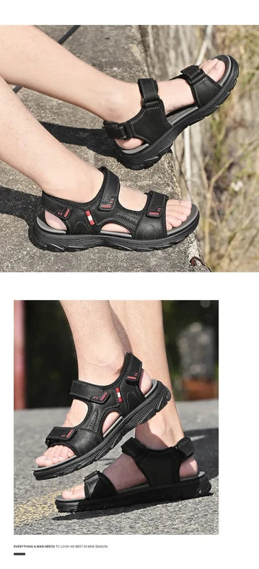 Classic Men's Sandals Leather Beach Casual Shoes Wading Outdoor Flat Slippers