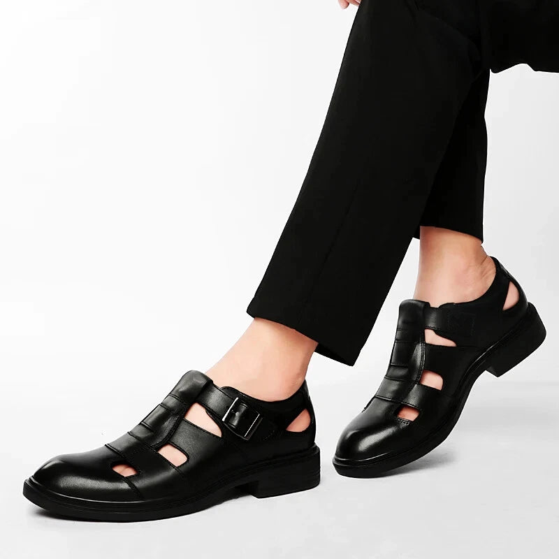 Summer Hollow Leather Men's Casual Sandals Breathable Flat Soft Sole Shoes