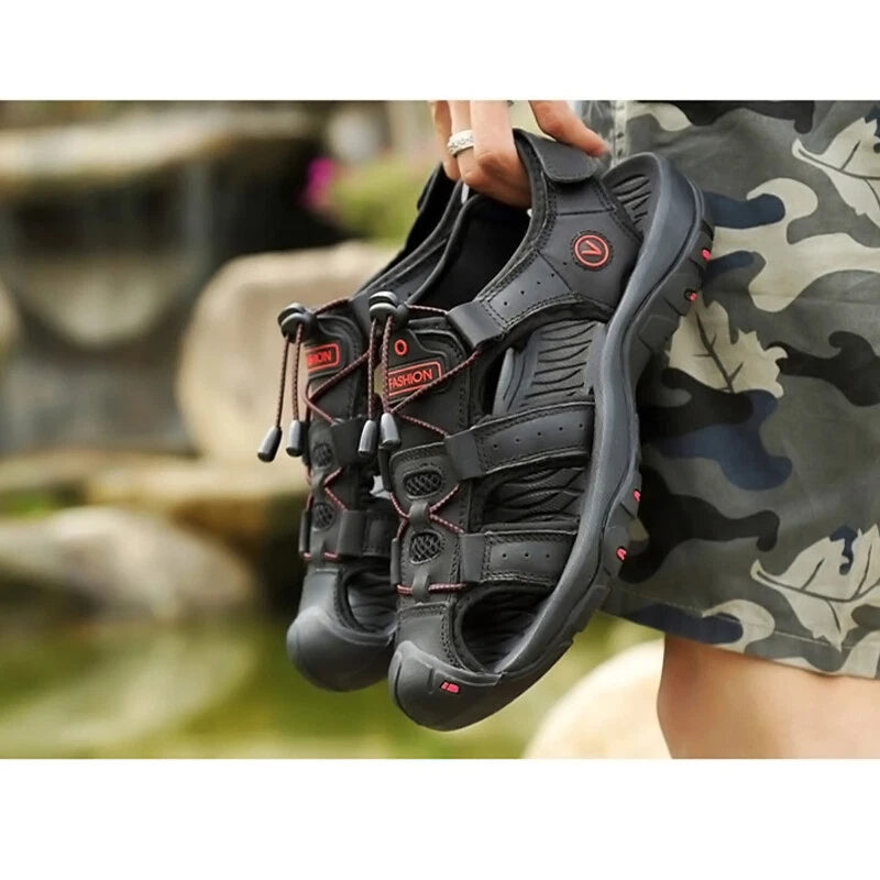 Men's Leather Sandals Closed Toe Beach Nonslip Summer Outdoor Sport Hiking Shoes
