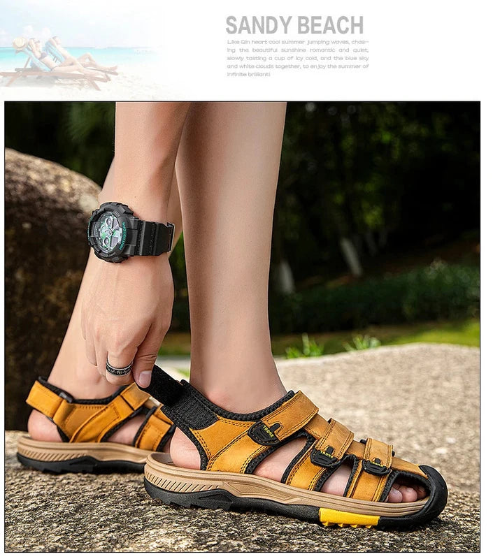 Summer Men Sandals Genuine Leather Casual Sneakers Breathable Beach Slippers