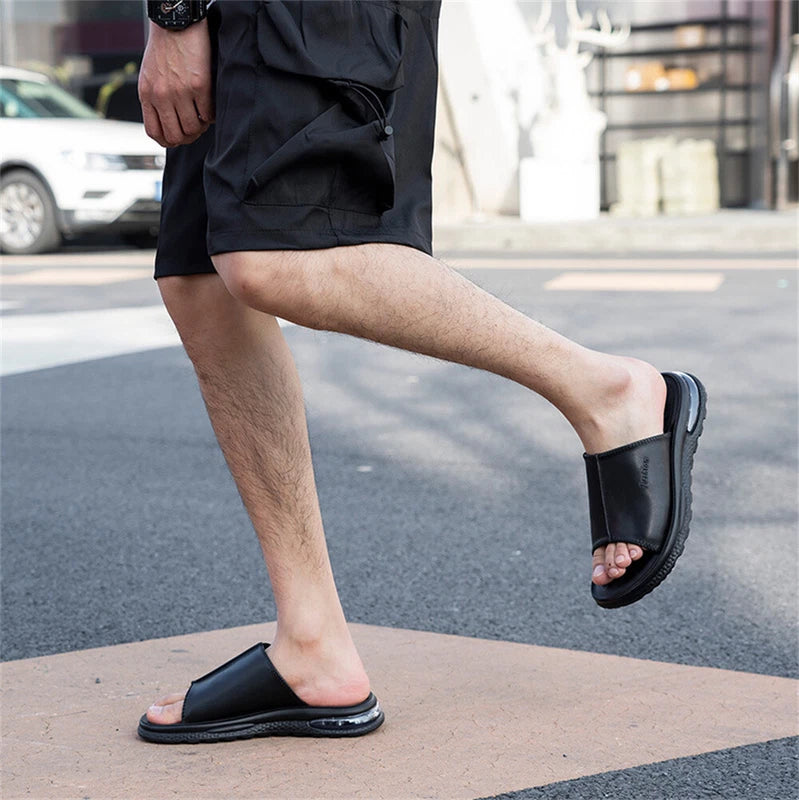 Men's Leather Slides Open Toe Outdoor Slippers Comfort Casual Sandals