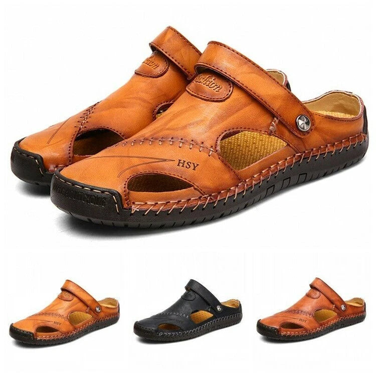 Men's Sport Close Toe Sandals Summer Leather Shoes Beach Fisherman Flat Slippers
