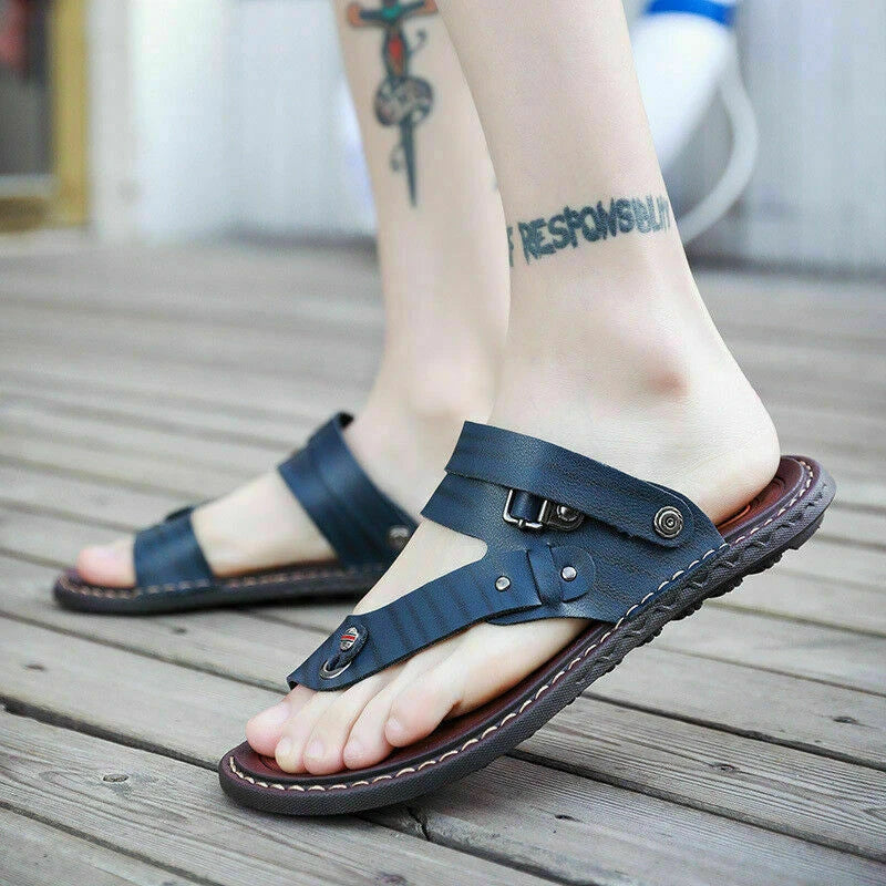 Mens Faux Leather Sandals Beach Flats Flip Flops Casual Slipper Shoes Summer Sz