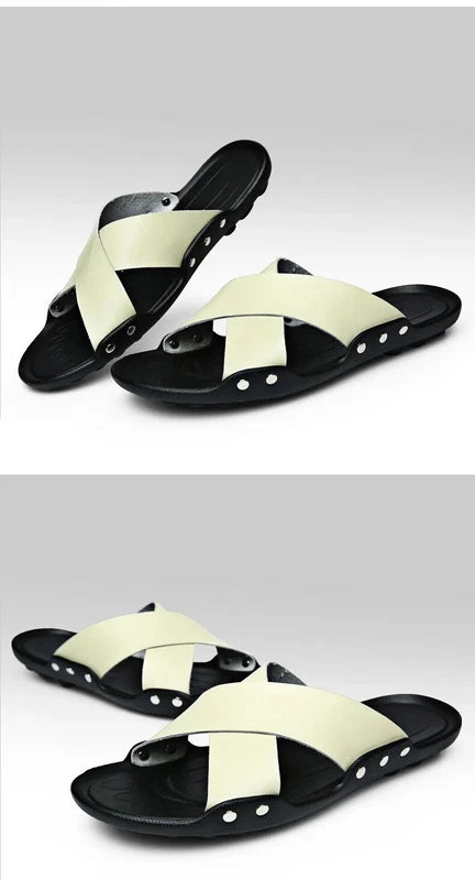 Summer Mens Slippers Cow Leather Beach Sandals Lightweight Comfy Flip Flops