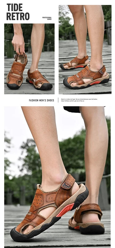 Summer Men Genuine Leather Sandals Non-slip Beach Slippers Handmade Sneakers