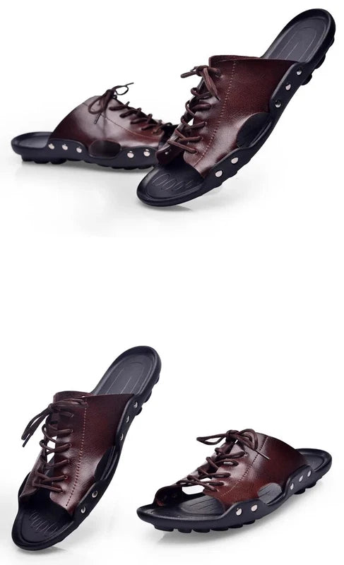 Summer Mens Slippers Cow Leather Beach Sandals Lightweight Comfy Flip Flops