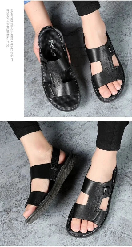 Fashion Mens Casual Beach Sandals Top Layer Cowhide Slippers Summer Shoes