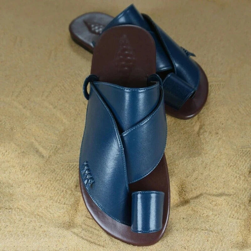 Men Vintage Roman Flat Sandals Summer PU Leather Open Toe Outdoor Beach Slippers