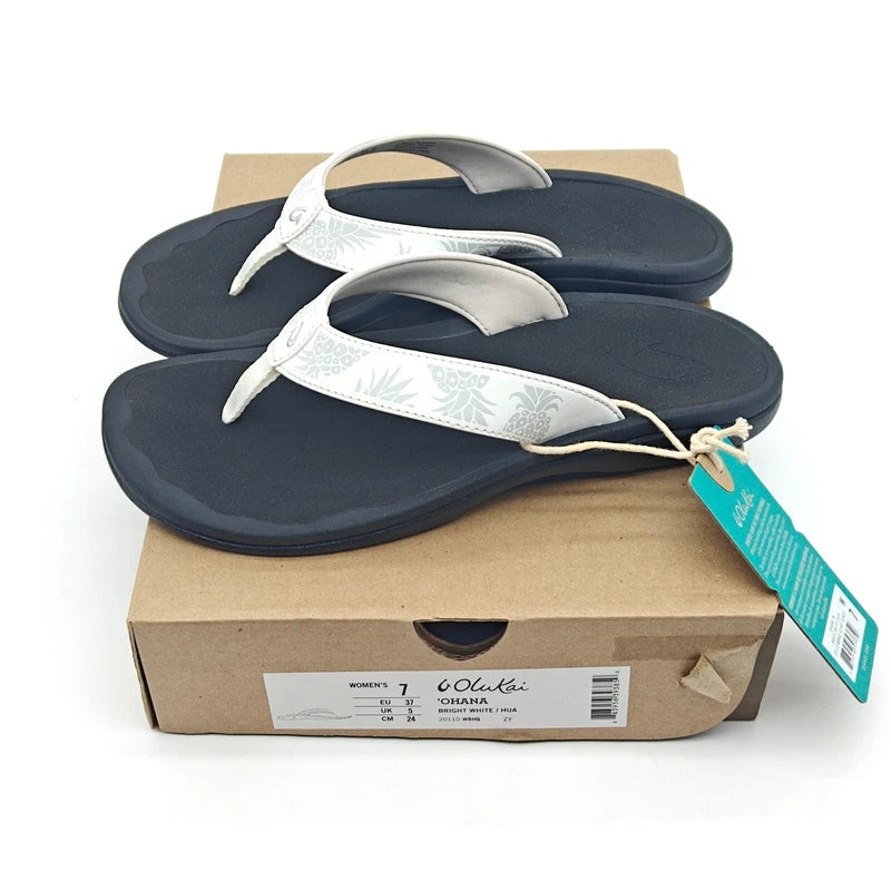 OluKai Ohana 20110-WBHQ Women White Sandals Arch Support Flip Flop Sz 7/9