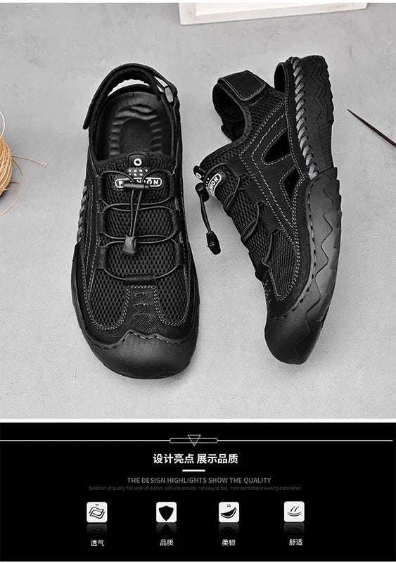 Summer Men's Leather Outdoor Beach Sandals Breathable Shoes Handmade Slippers