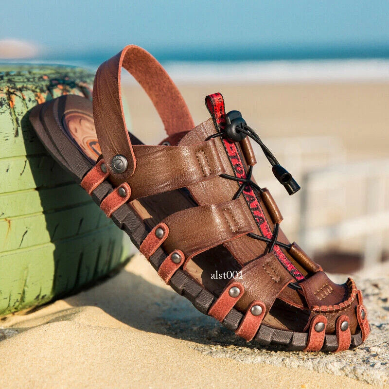 Mens Summer Sandals Round Toe Casual Beach Sports Shoes Leather Slippers Slip On