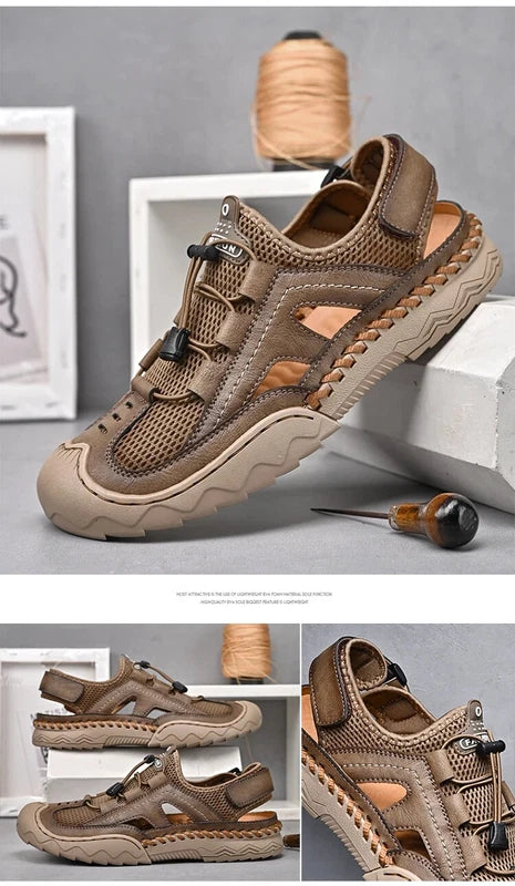 Summer Men's Leather Outdoor Beach Sandals Breathable Shoes Handmade Slippers
