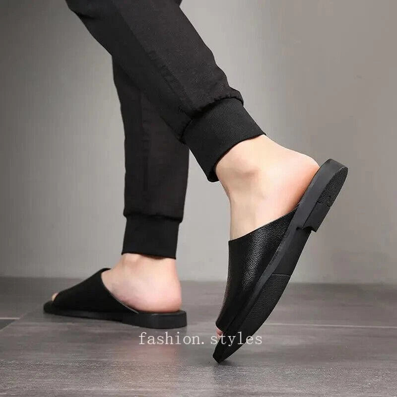 Men Summer Casual Flat Slipper Faux Leather Slipper on Sandal Outdoor Beach Shoe