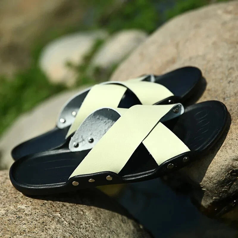 Summer Mens Slippers Cow Leather Beach Sandals Lightweight Comfy Flip Flops