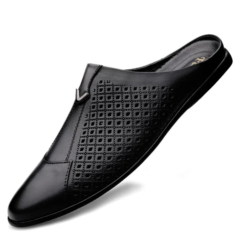 Men Leather Casual Slippers Half Drag Waterproof Loafers Non-slip Soft Sandals