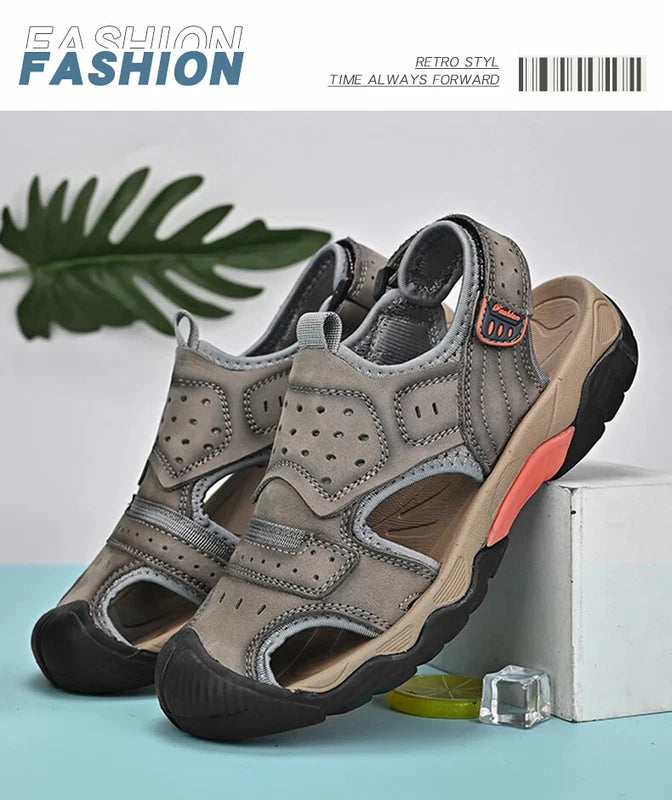 Summer Men Genuine Leather Sandals Non-slip Beach Slippers Handmade Sneakers