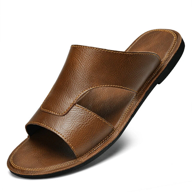 Mens Leather Open Toe Flats Slip on Slides Summer Beach Casual Slippers Shoes Sz