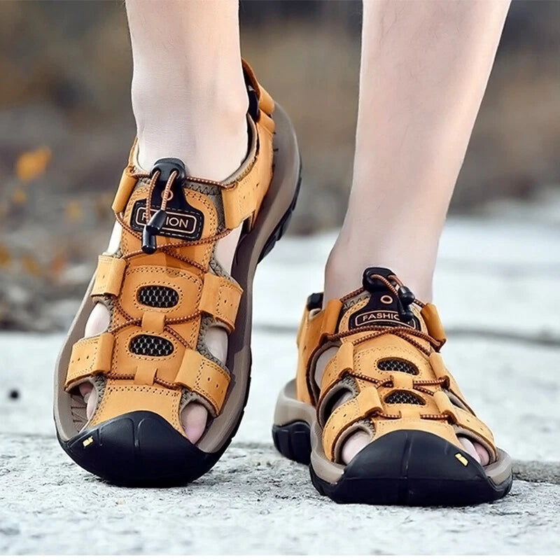Men's Leather Sandals Closed Toe Beach Nonslip Summer Outdoor Sport Hiking Shoes
