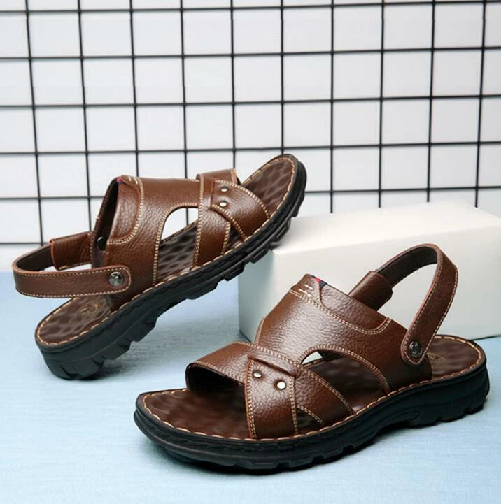 Summer Men Casual Hiking Leather Sandals Beach Shoes Open Toe Flat Slippers Size