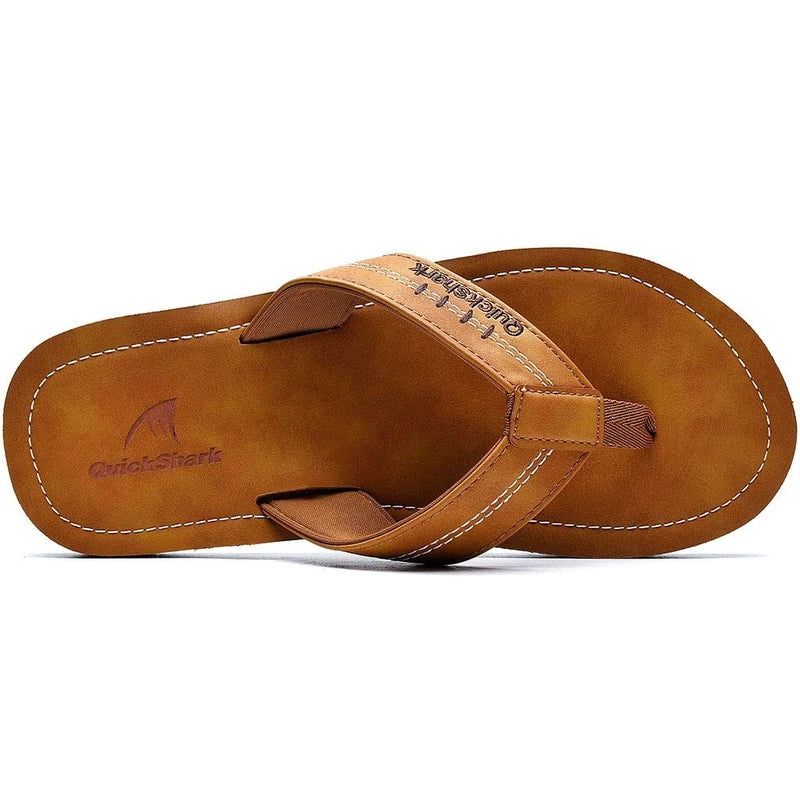 Men's Leather Thong Sandals Flip Flops w/ Arch Support, Beach Slippers