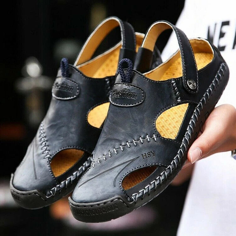 Men's Sport Close Toe Sandals Summer Leather Shoes Beach Fisherman Flat Slippers