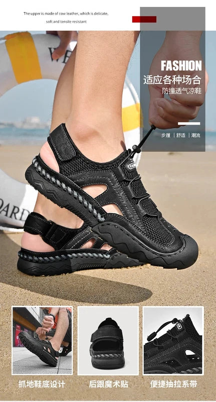 Summer Men's Leather Outdoor Beach Sandals Breathable Shoes Handmade Slippers
