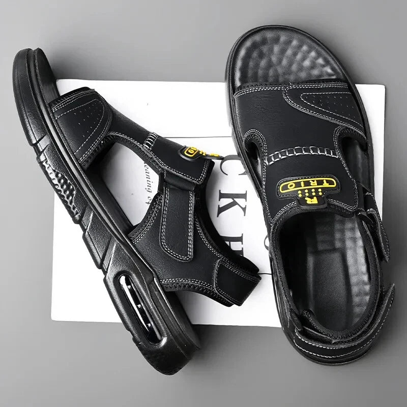 Men's Summer Cow Leather Sandals Designer Leisure Shoes Outside Beach Slippers