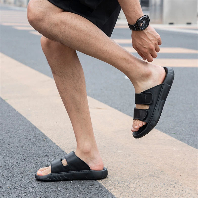Men's Open Toe Summer Slippers Leather Slides Comfort Casual Sandals