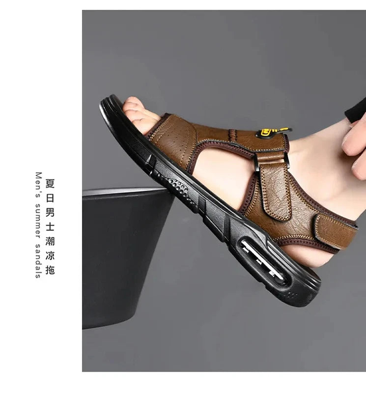 Men's Summer Cow Leather Sandals Designer Leisure Shoes Outside Beach Slippers