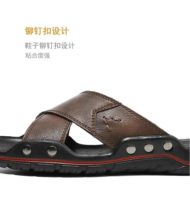 38-48 Plus Size Men's Flats Leather Open Toe Slippers Sandals Summer Beach Shoes