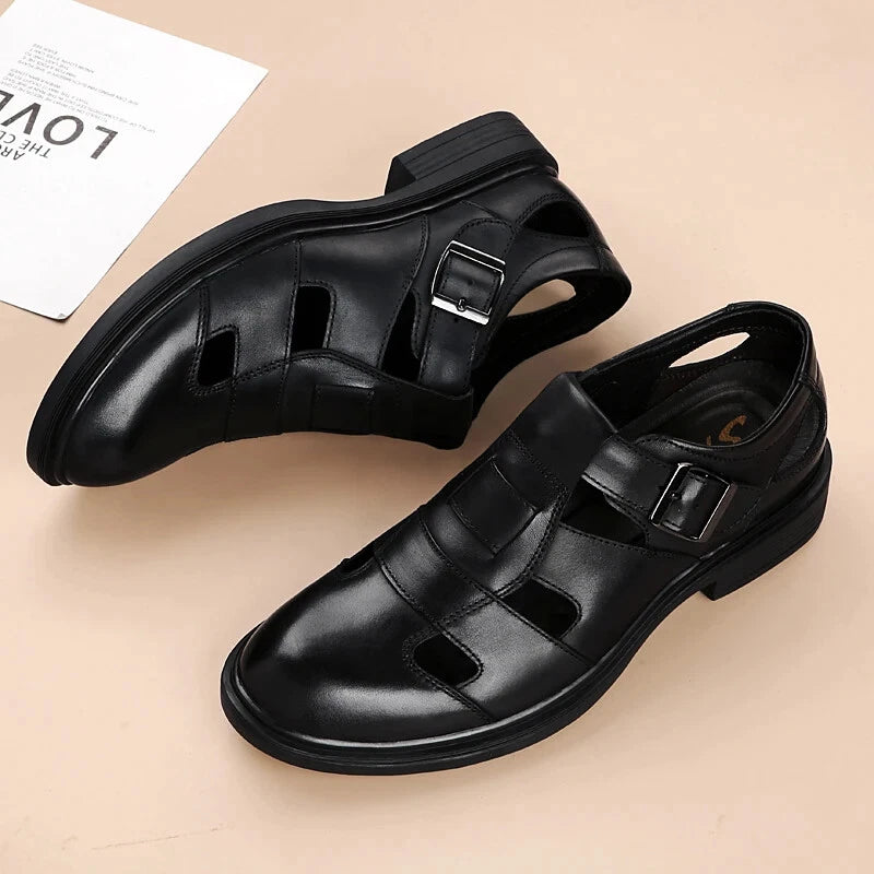 Summer Hollow Leather Shoes Men's Casual Sandals Breathable Lightweight Slippers