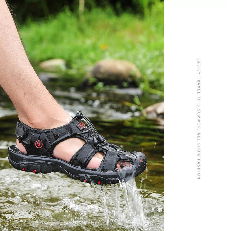 Men's Leather Sandals Closed Toe Beach Nonslip Summer Outdoor Sport Hiking Shoes