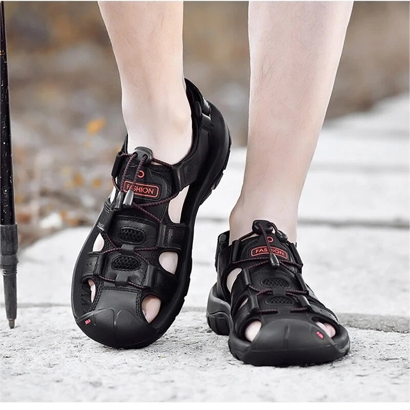 Men's Leather Sandals Closed Toe Beach Nonslip Summer Outdoor Sport Hiking Shoes