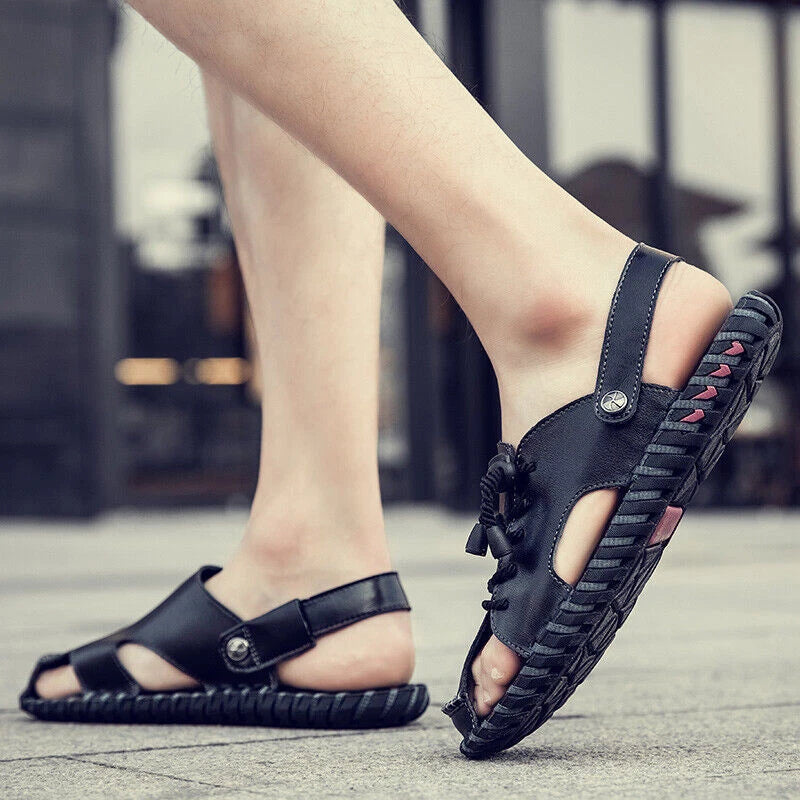 Mens Genuine Leather Beach Shoes Casual Sandals Summer Sports Soft Slippers