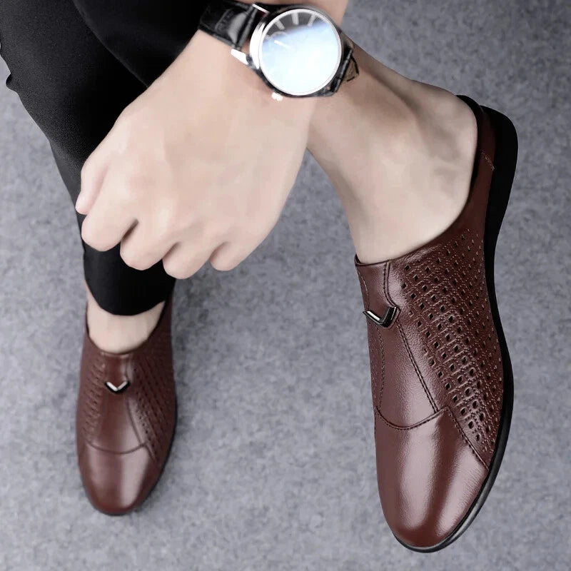 Men Leather Casual Slippers Half Drag Waterproof Loafers Non-slip Soft Sandals