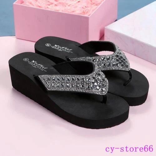 Women's Platform Thongs Sandals Beach Slippers Rhinestone Wedge Heel Flip Flops