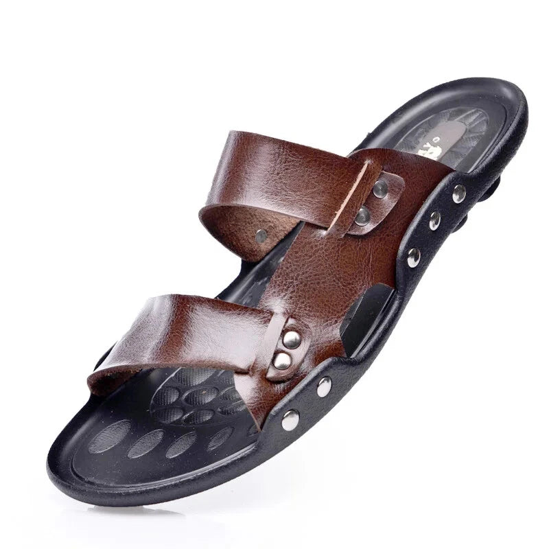 Summer Mens Slippers Cow Leather Beach Sandals Lightweight Comfy Flip Flops