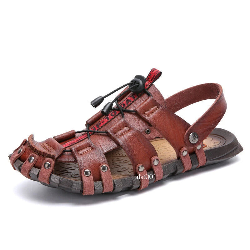 Mens Summer Sandals Round Toe Casual Beach Sports Shoes Leather Slippers Slip On