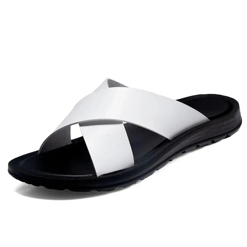 FUQIAO Summer Sandals Men Leather Classic Roman Open-toed Slipper Outdoor Beach