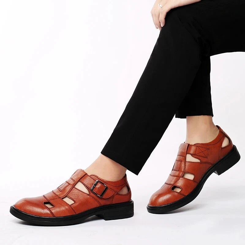 Summer Hollow Leather Shoes Men's Casual Sandals Breathable Lightweight Slippers